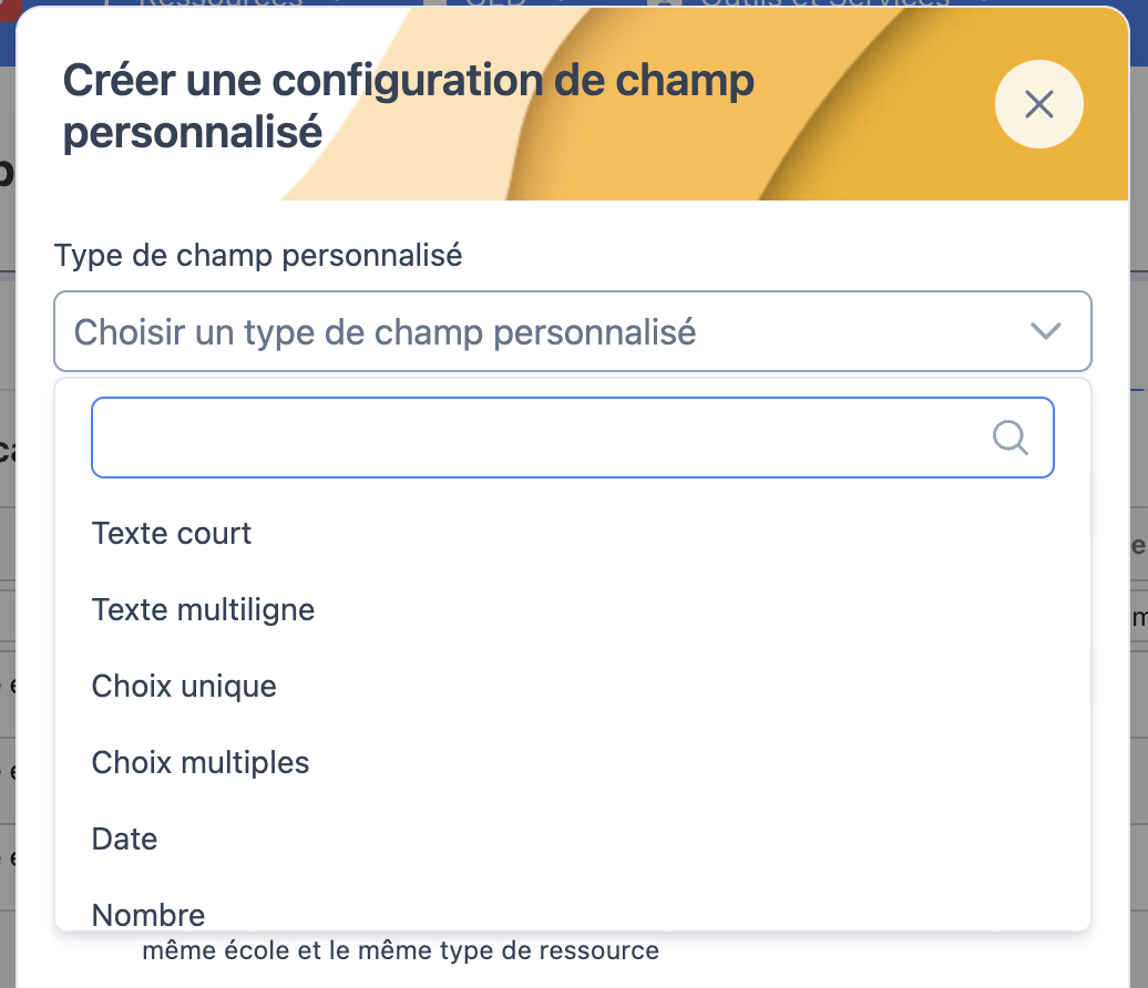 Modale création champ personnalisé