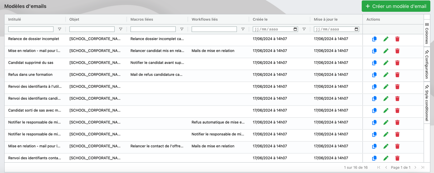 Liste des modèles d'emails