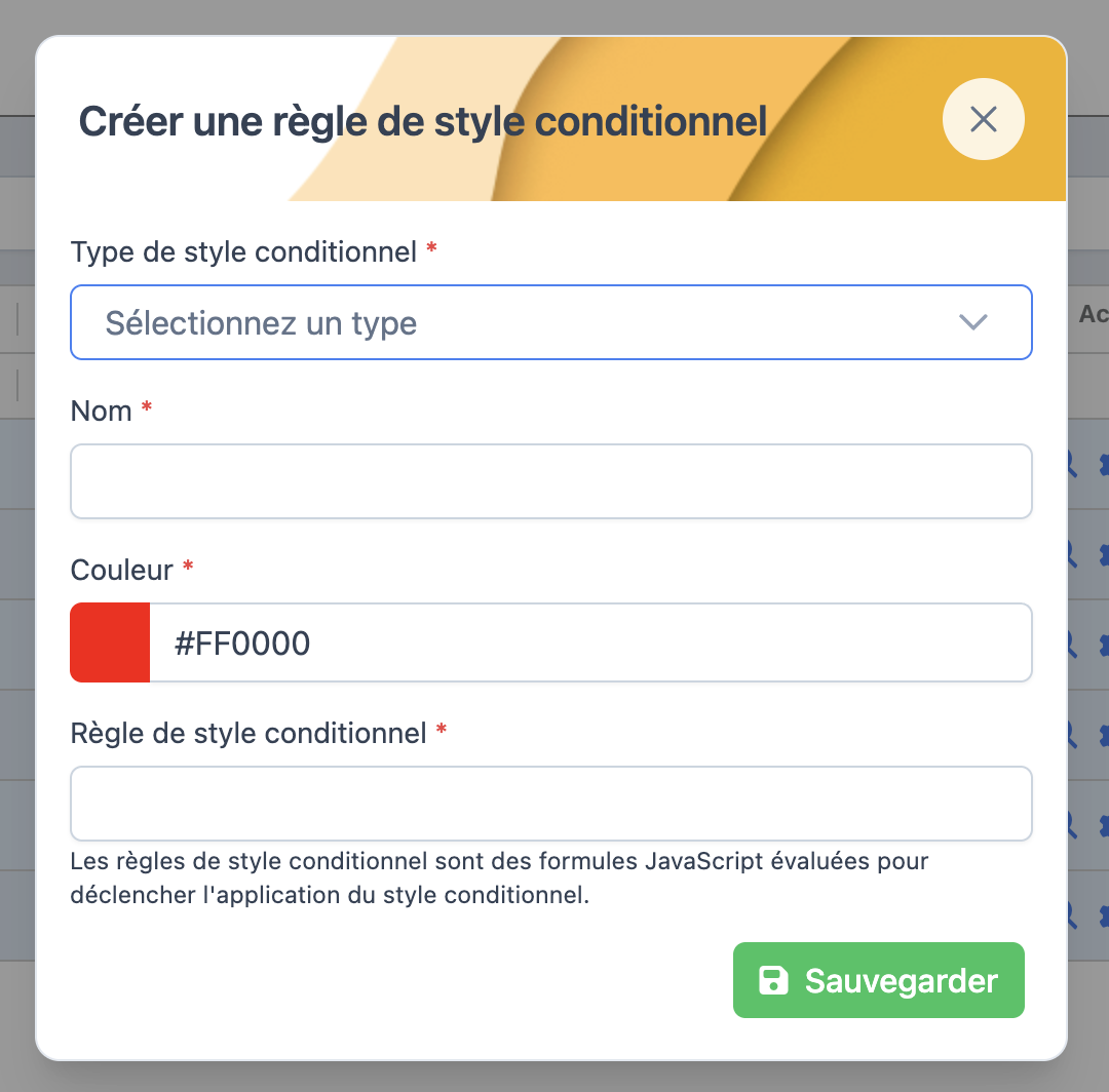 Formulaire de création d'une règle de style conditionnel