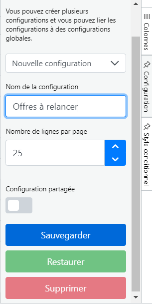 Menu de création d'une configuration