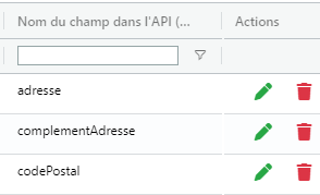 Icônes crayon et poubelle sur la liste des champs