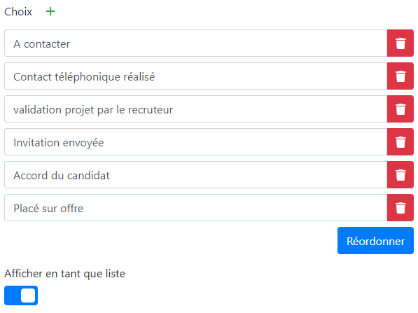 Liste d'options ajoutées manuellement, avec réordonnancement et affichage en liste