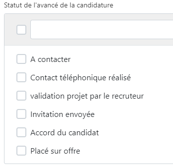 Exemple de champ à choix : Statut de l'avancée de la candidature