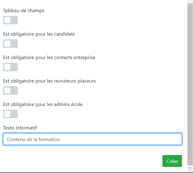 Options avancées : tableau de champs, obligatoire pour, texte informatif