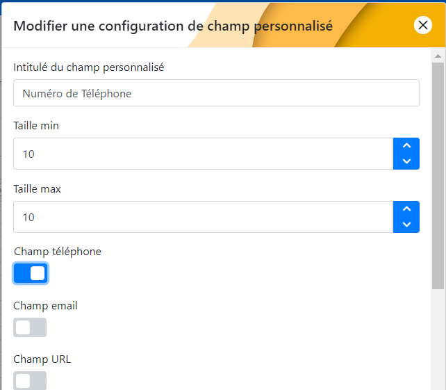 Modification d'un champ texte court : intitulé, taille min/max, champ téléphone