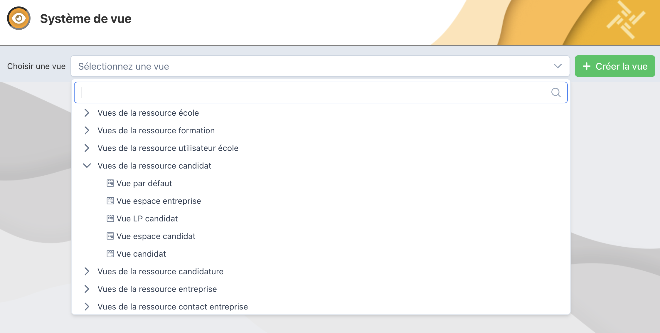 Menu Système de vue, liste des vues disponibles pour la ressource candidat