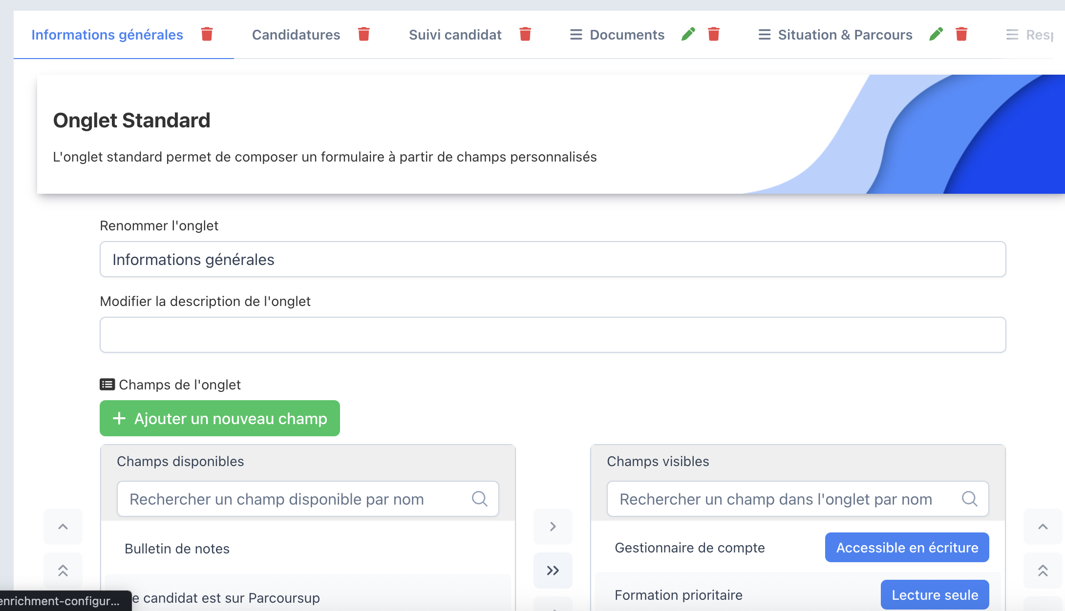 Configuration d'un onglet : champs disponibles et champs visibles