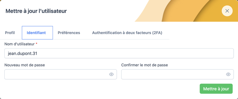 Onglet Identifiant, champs nom d'utilisateur et mot de passe