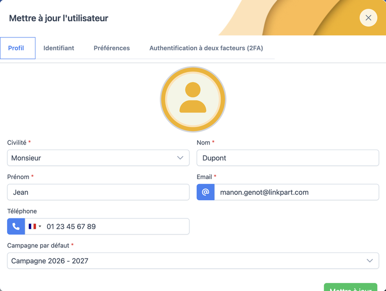Fenêtre Mettre à jour l'utilisateur, onglet Profil