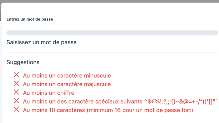 Suggestions de règles de mot de passe non respectées