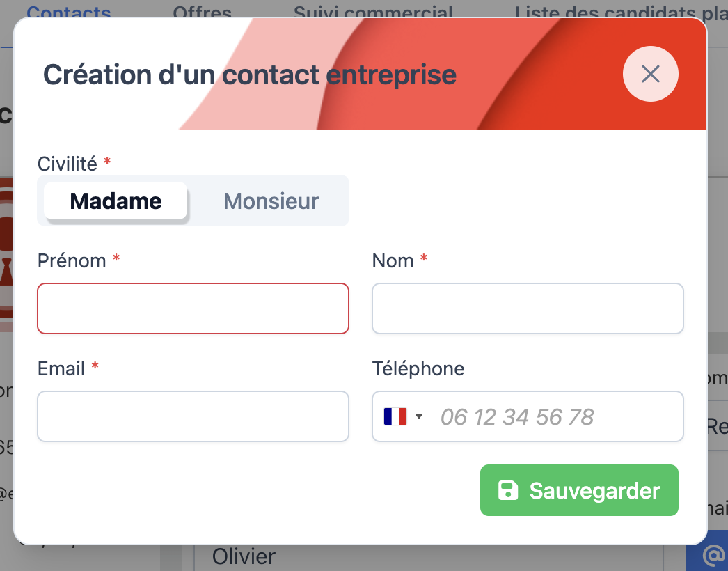 Formulaire de création d'un contact entreprise