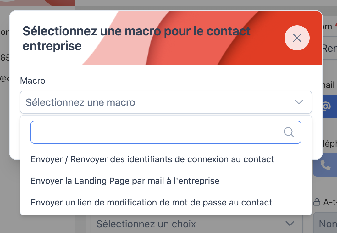 Fenêtre de sélection d'une macro pour un contact entreprise