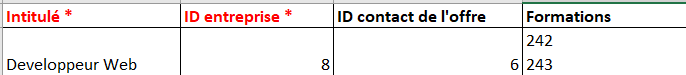 Exemple de fichier Excel pour l'import d'offres, avec deux formations associées à une offre