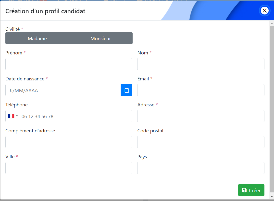 Formulaire de création d'un candidat