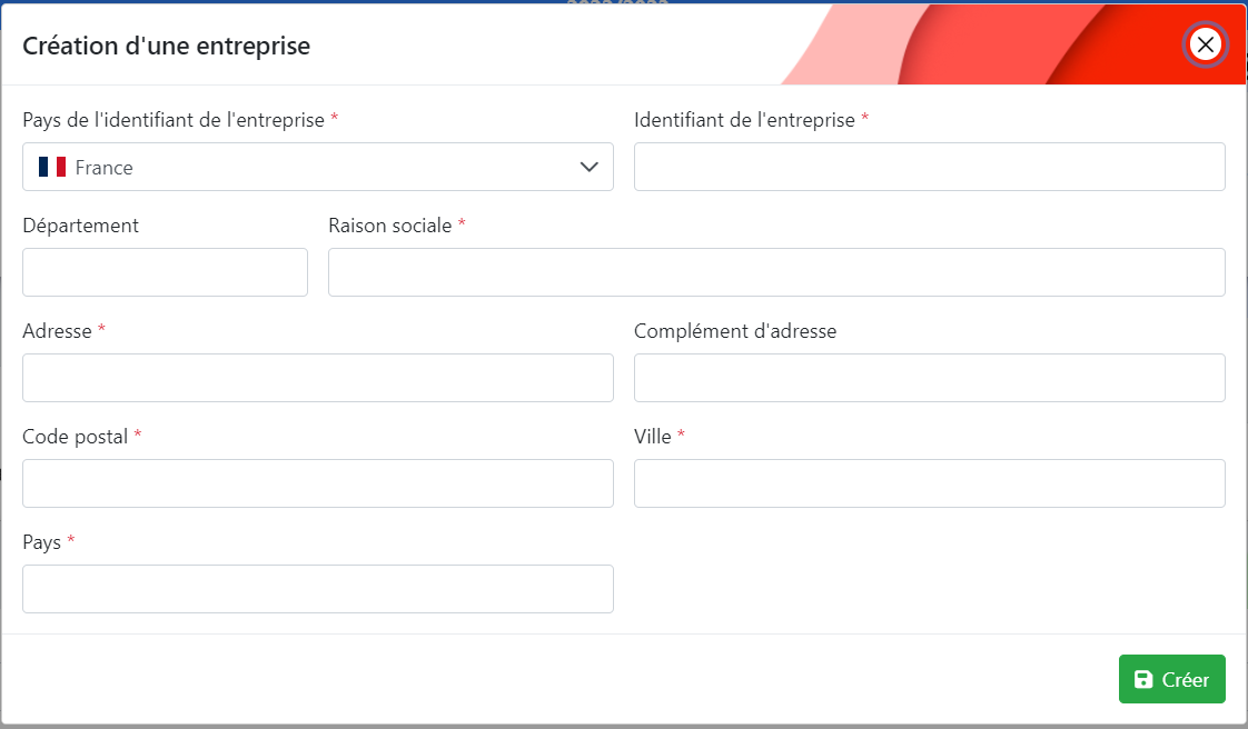 Formulaire de création d'une entreprise