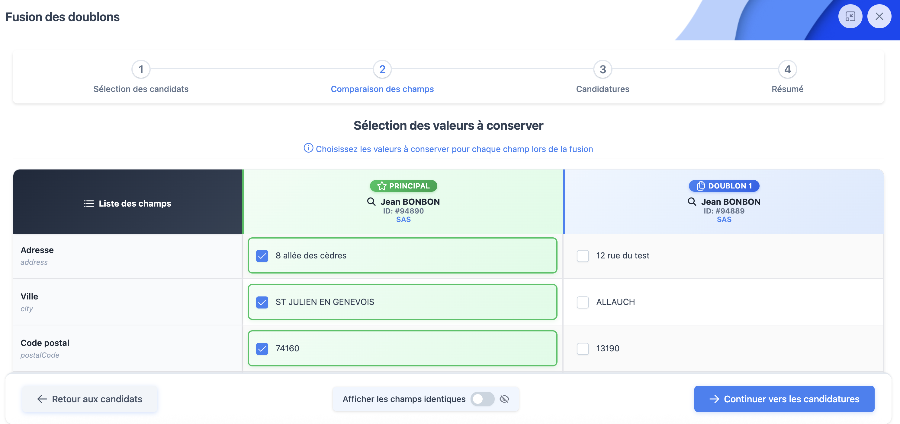 Comparaison et sélection des champs à conserver