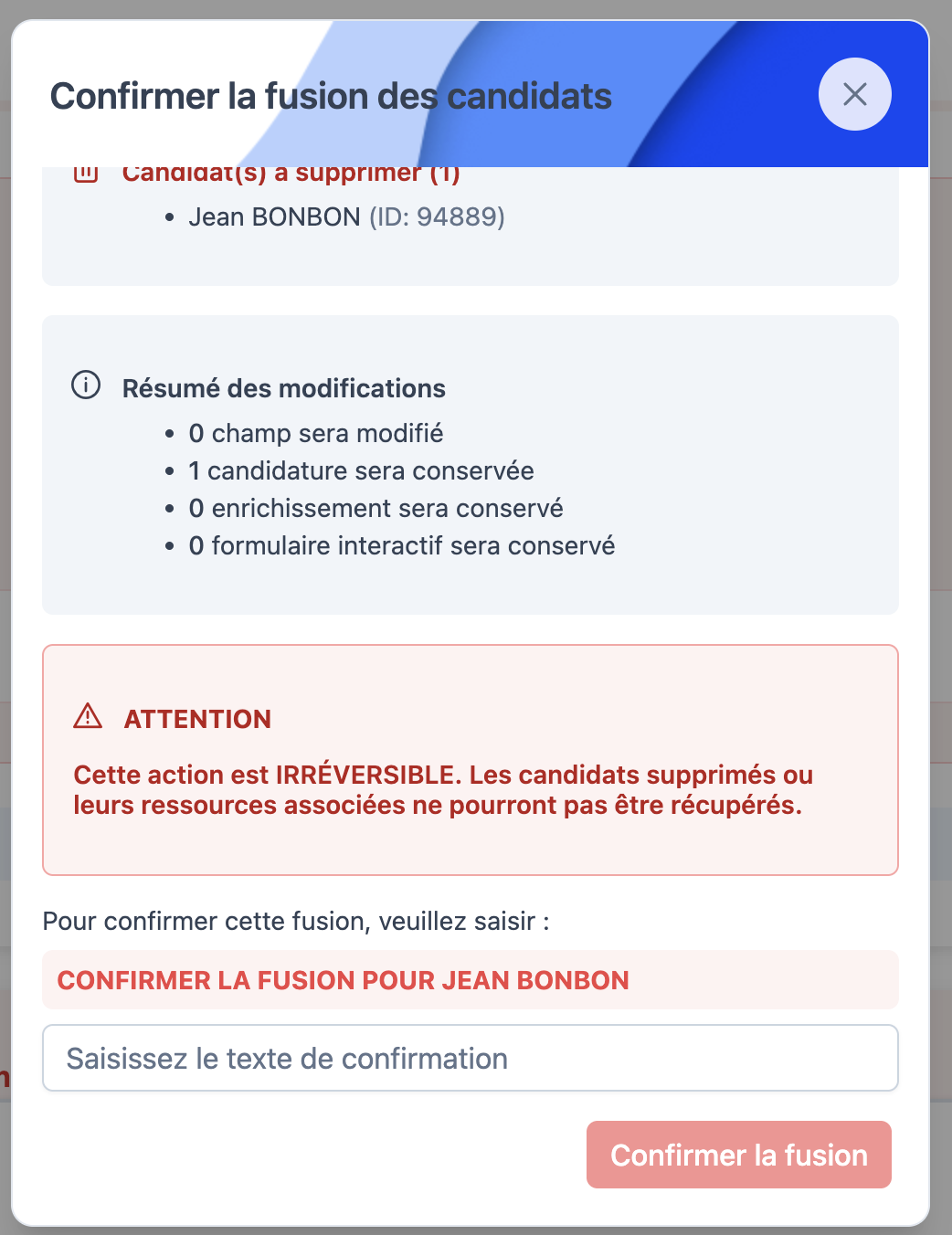 Résumé et confirmation de la fusion