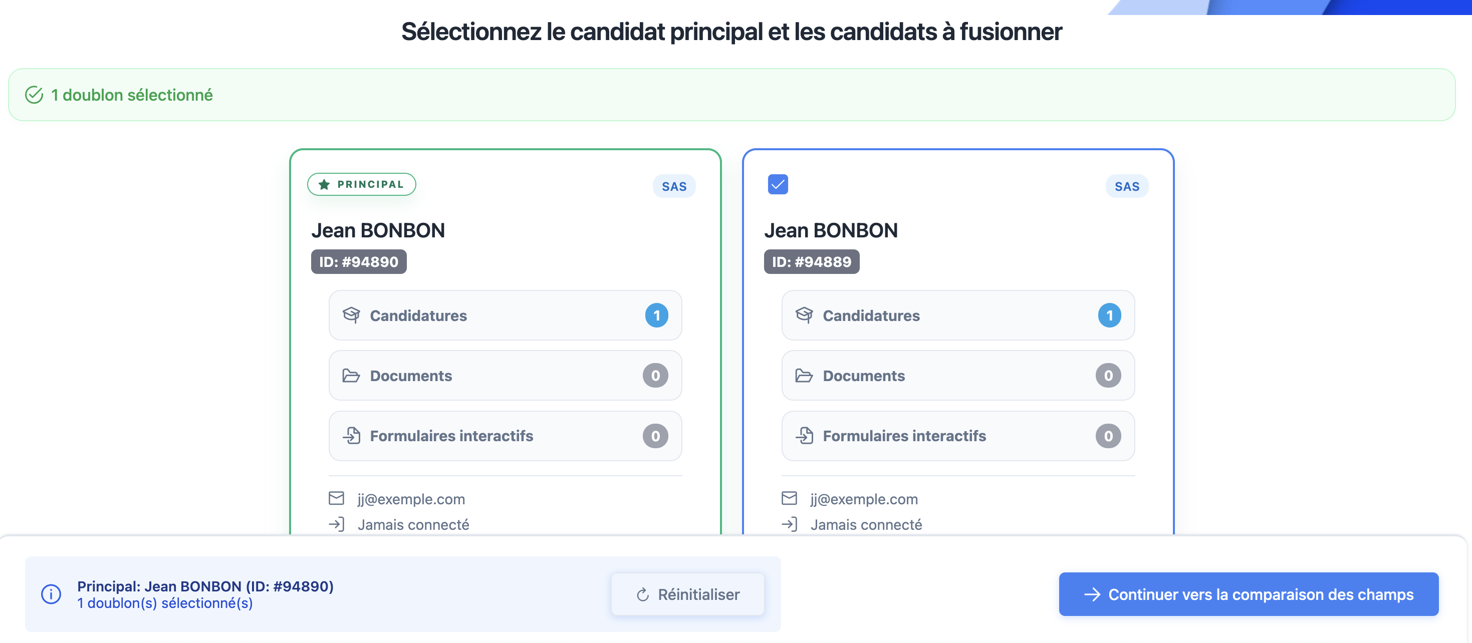 Sélection du candidat principal à fusionner