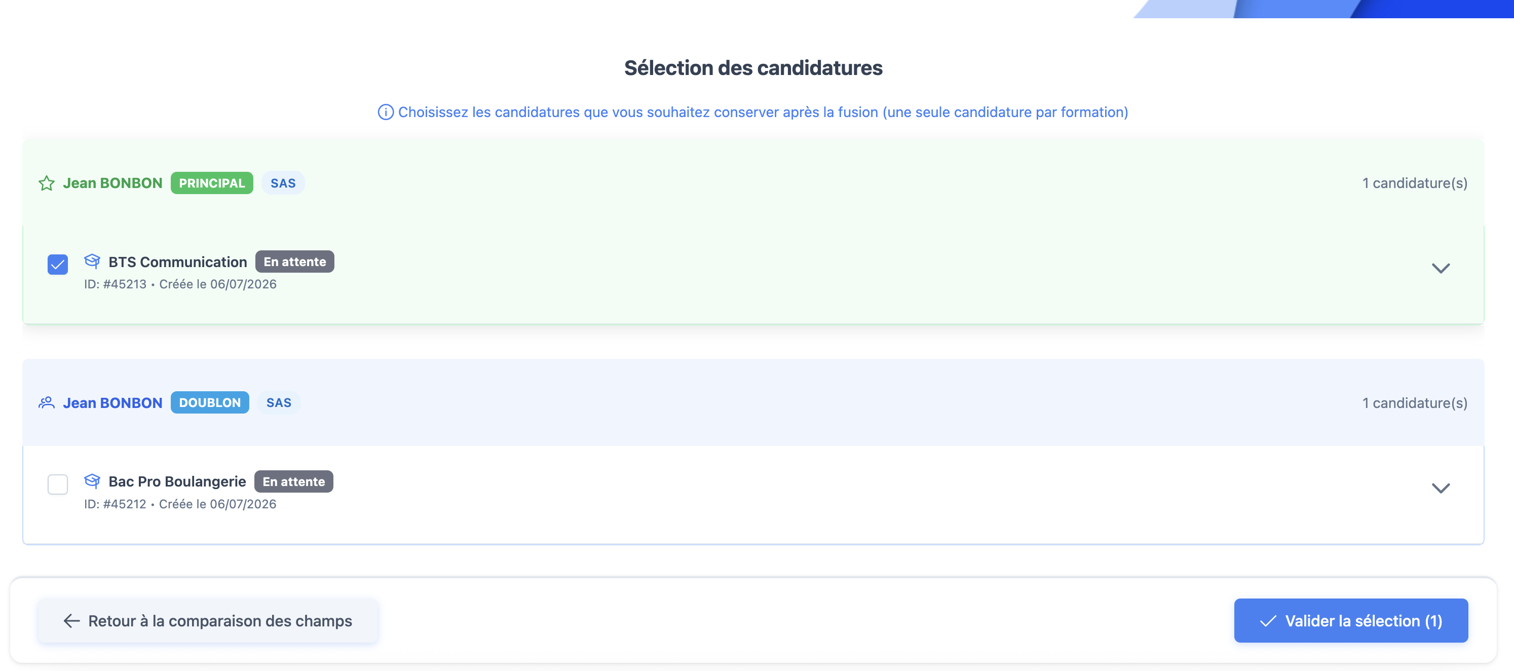Sélection des candidatures à conserver après fusion