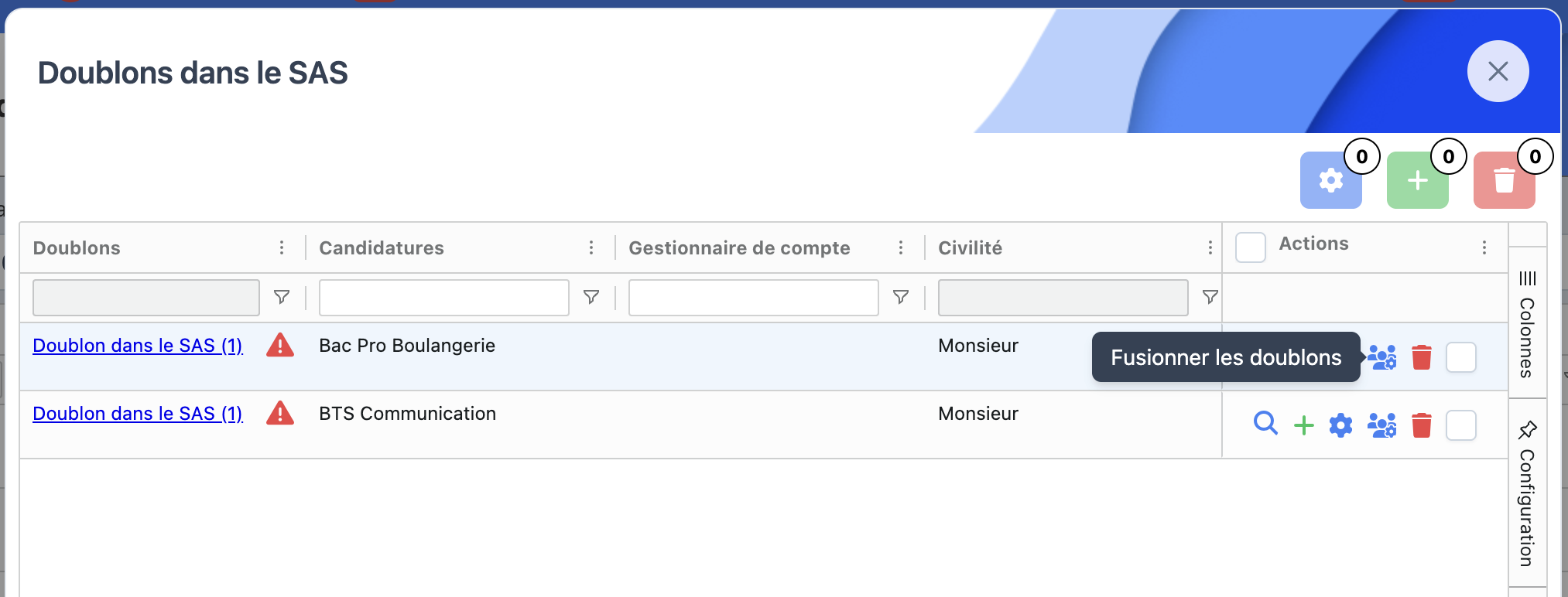 Tableau de gestion filtré sur les doublons