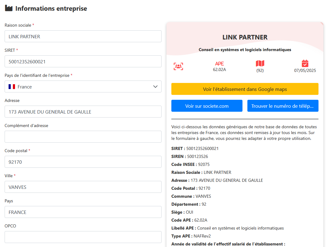 Onglet Informations entreprise
