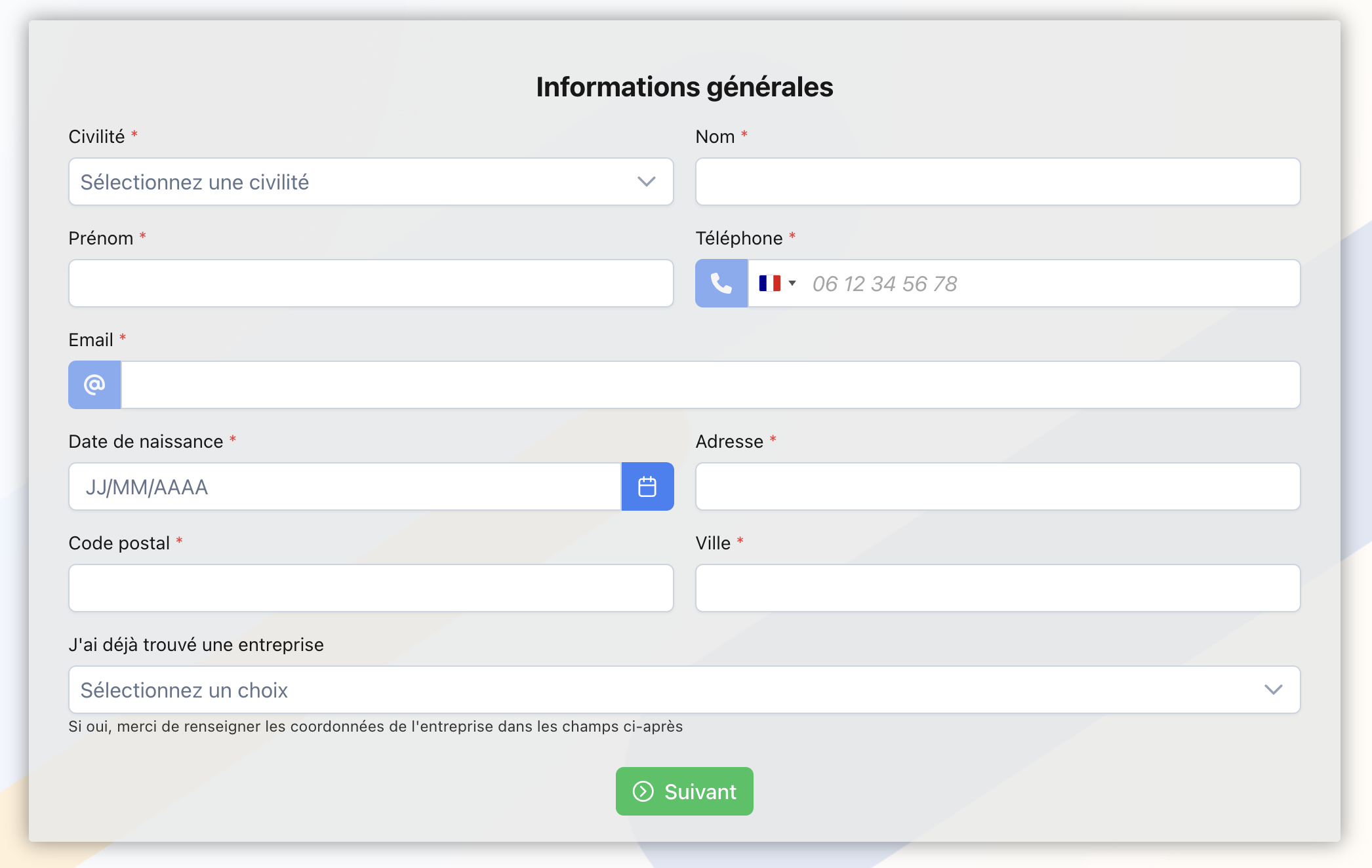 Formulaire complet de l'étape Informations générales
