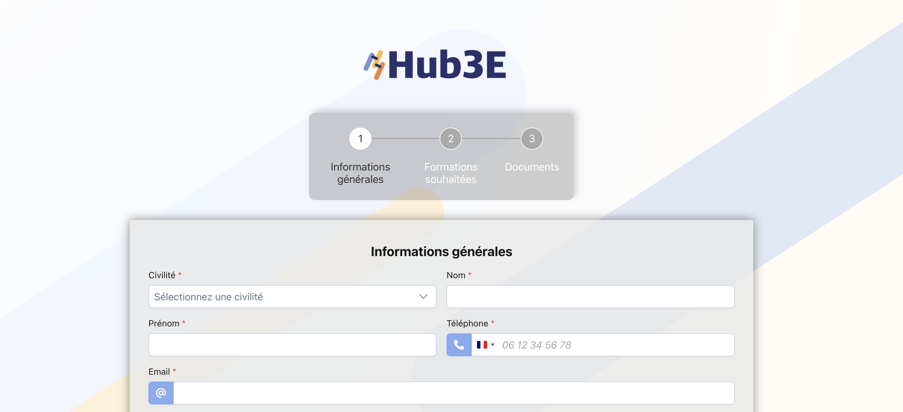 Écran d'accueil de la landing page d'inscription Hub3E avec le stepper des 3 étapes