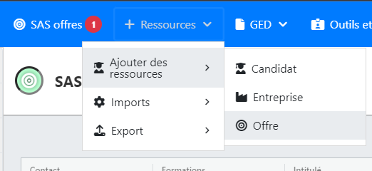 Menu d'ajout de ressource avec Candidat, Entreprise, Offre