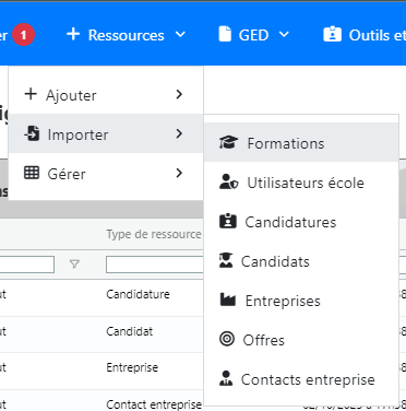 Menu Ressources, sous-menu Importer avec la liste des types de ressources