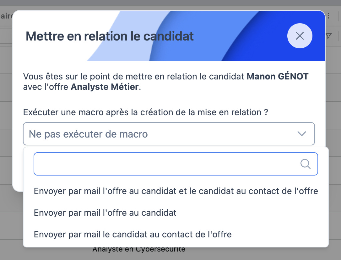 Fenêtre de confirmation de la mise en relation avec choix de macro