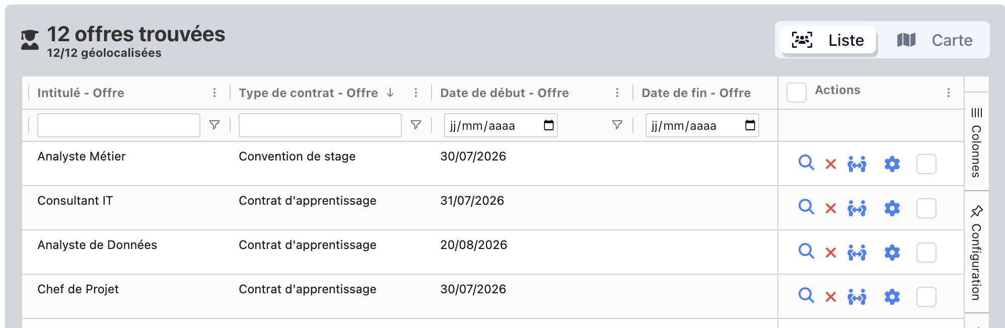 Tableau des offres depuis un candidat