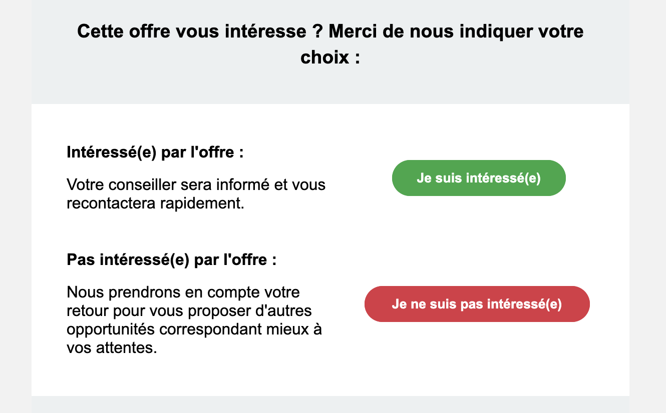 Email envoyé au candidat avec le choix d'intérêt pour l'offre