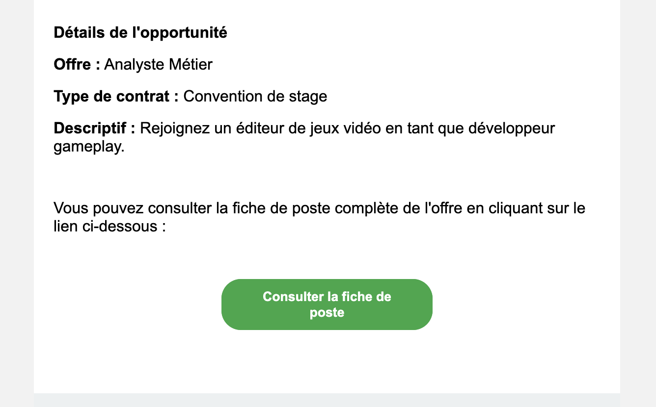 Email envoyé au candidat avec le détail de l'offre