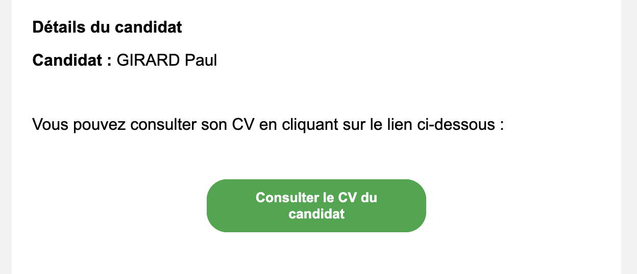Email envoyé au contact de l'offre avec le détail du candidat