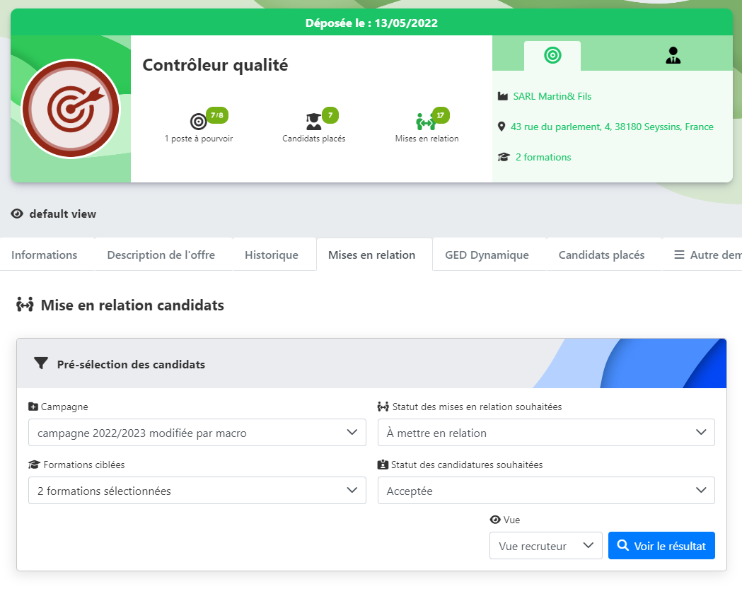 Formulaire de pré-sélection des candidats depuis une offre