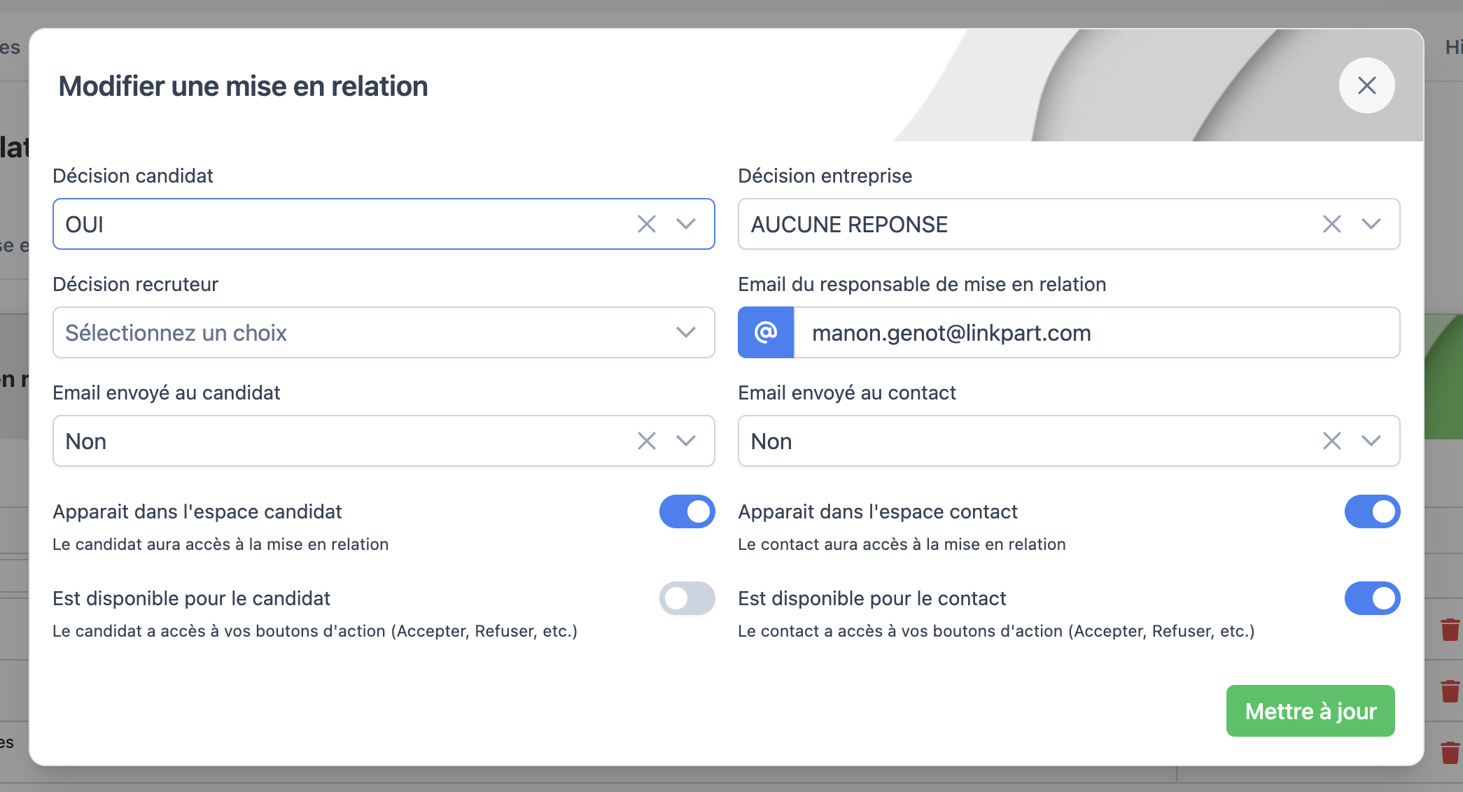 Fenêtre de modification d'une mise en relation