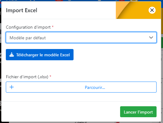 Fenêtre d'import Excel avec sélection du modèle et dépôt du fichier