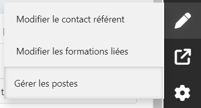 Menu contextuel de l'icône crayon sur une fiche offre, option Gérer les postes