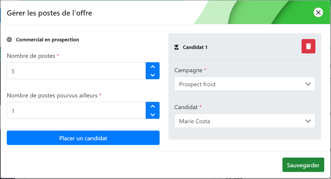 Fenêtre de gestion des postes d'une offre, avec capacité d'accueil à gauche et sélection d'un candidat à droite