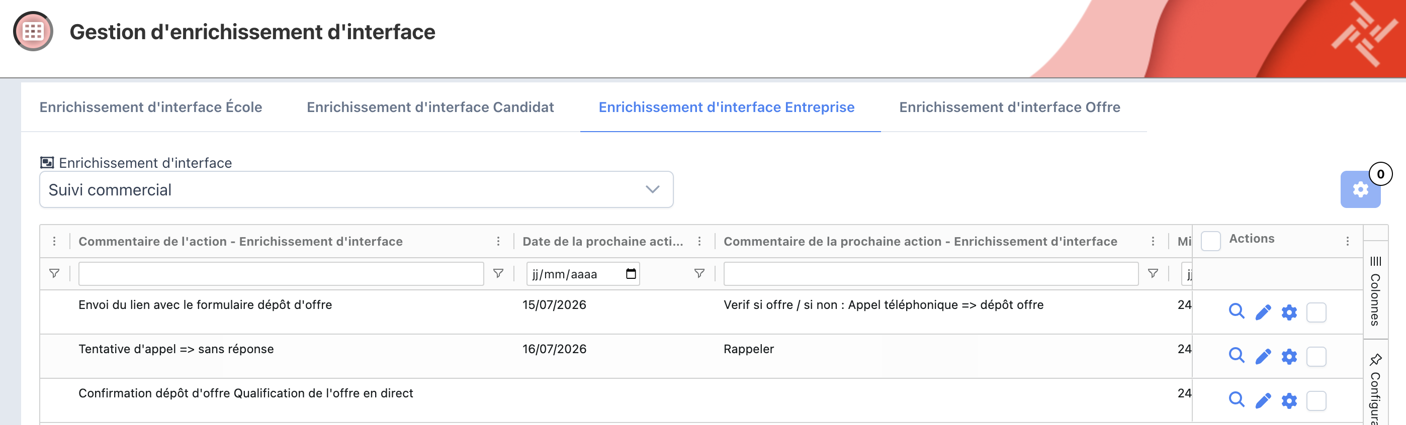 Tableau de gestion de l'enrichissement d'interface Suivi commercial