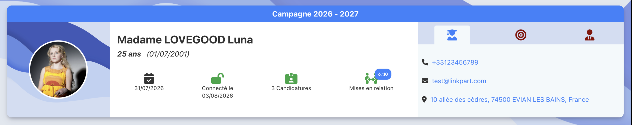 Bandeau d'en-tête du profil candidat avec avatar, indicateurs et coordonnées