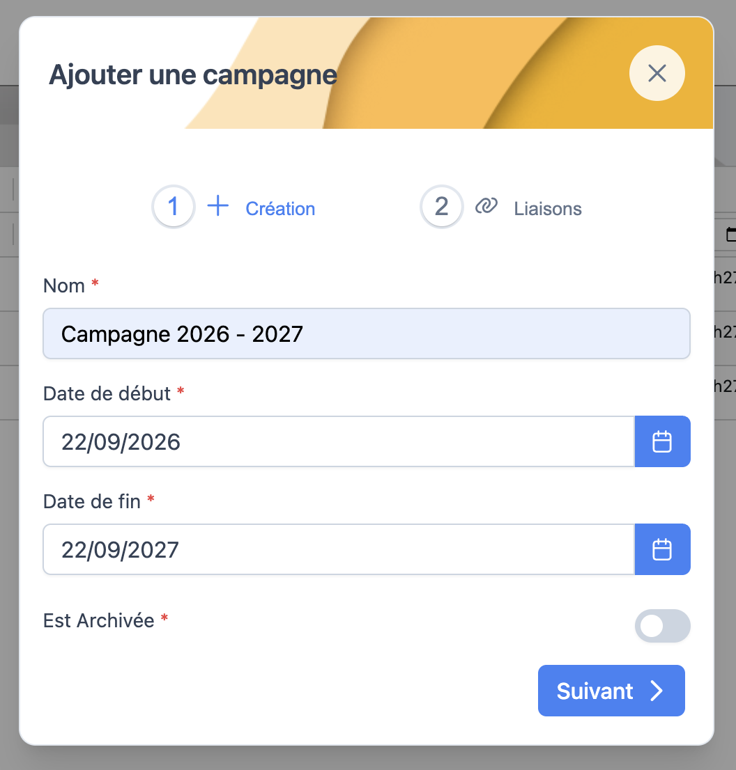 Formulaire de création d'une campagne, étape Création