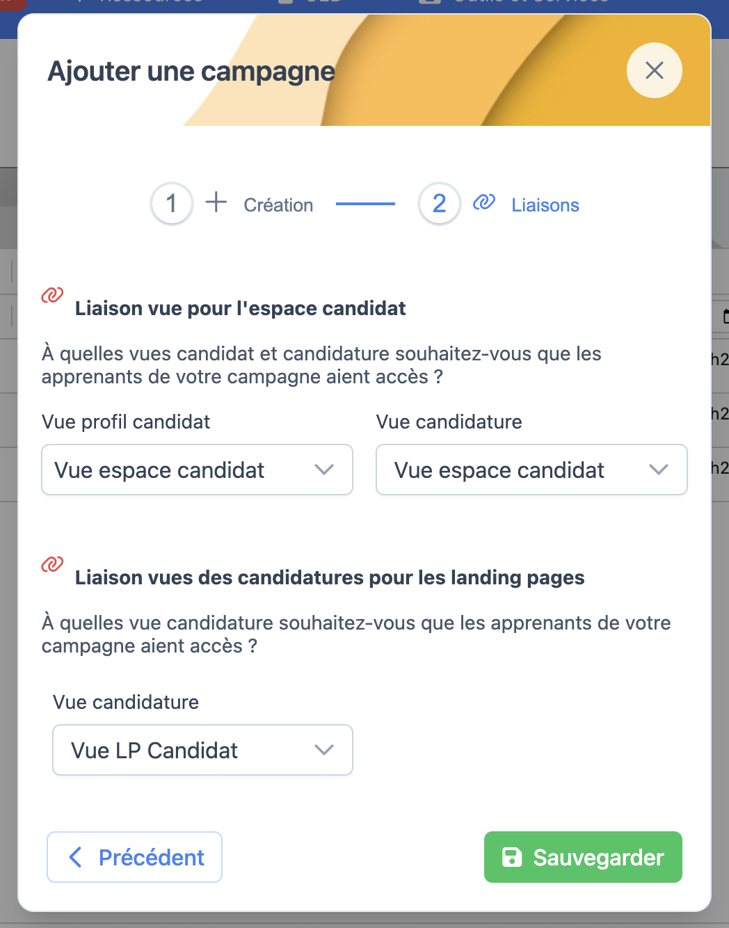 Formulaire de liaison des vues candidat d'une campagne