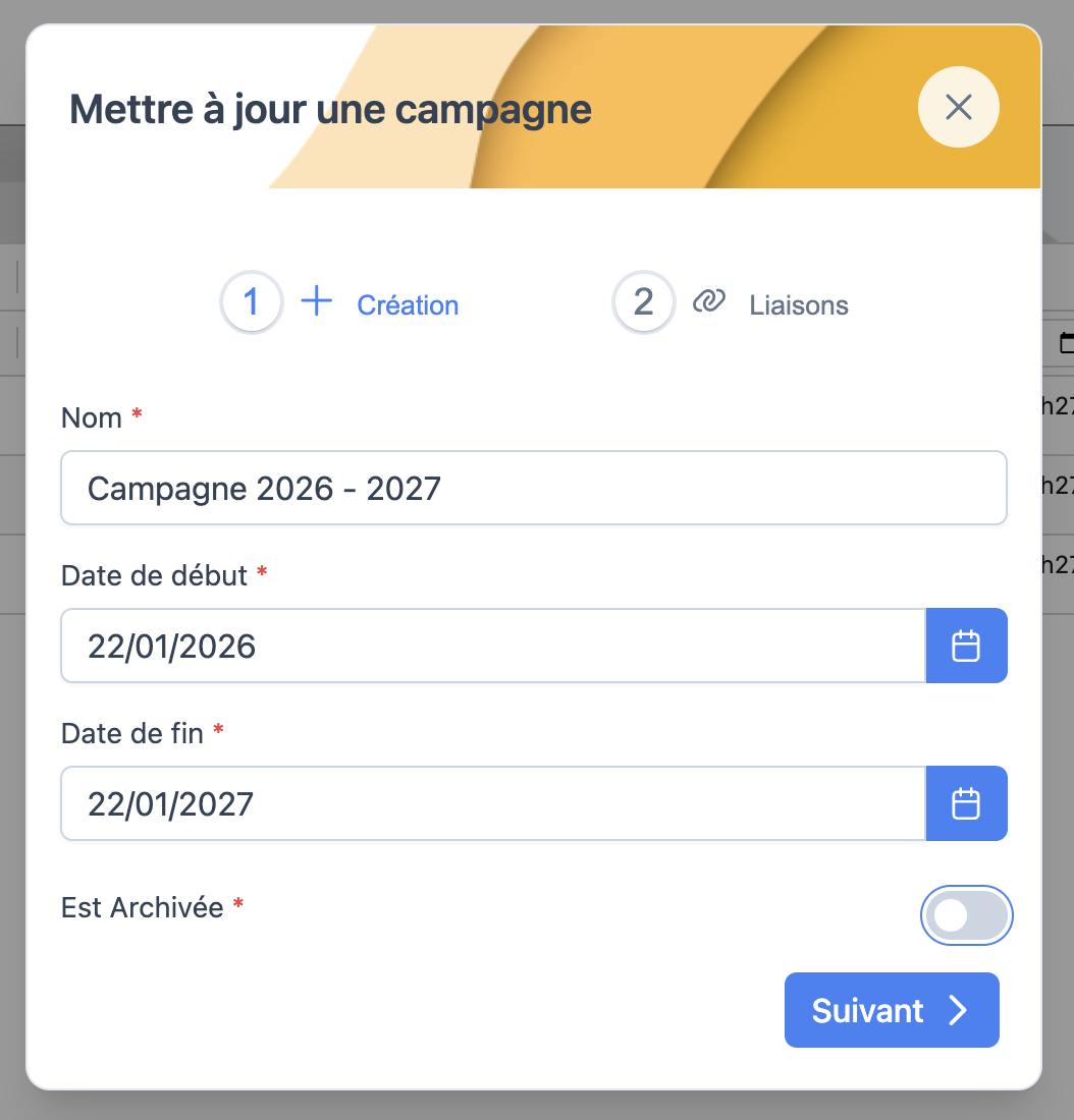 Formulaire de mise à jour d'une campagne existante
