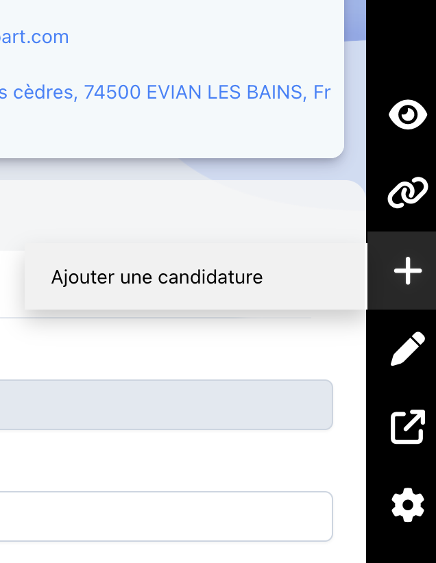 Menu latéral du profil candidat, icône Créer ouverte avec l'action Ajouter une candidature