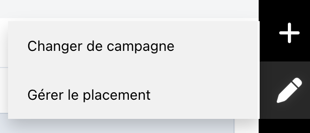 Menu latéral du profil candidat, icône Modifier ouverte avec les actions Changer de campagne et Gérer le placement
