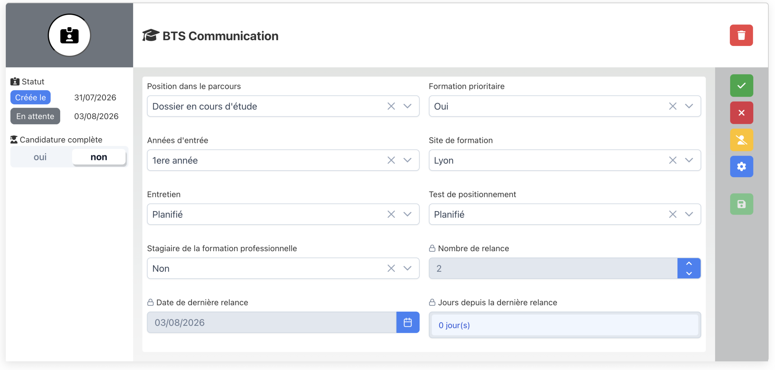 Bloc d'informations d'une candidature sur le profil candidat