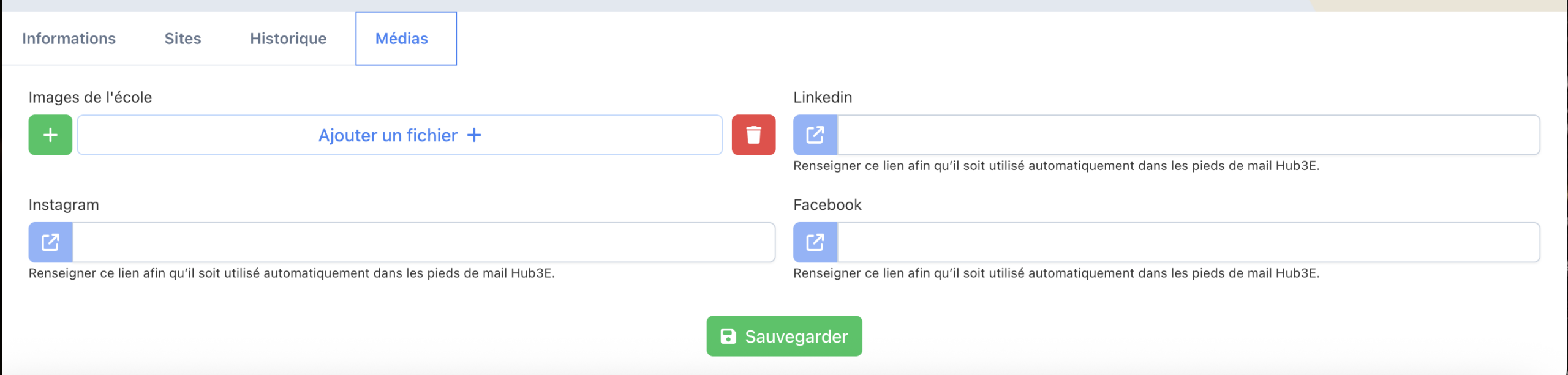 Onglet Médias de la fiche école, images et réseaux sociaux