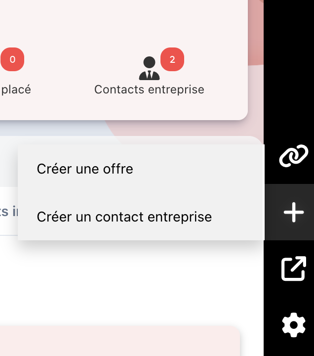 Menu latéral de la fiche entreprise, icône Créer ouverte avec les actions Créer une offre et Créer un contact entreprise