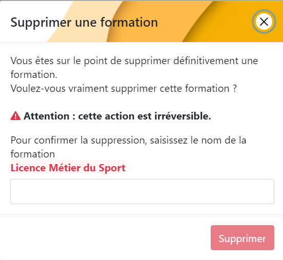 Fenêtre de confirmation de suppression d'une formation